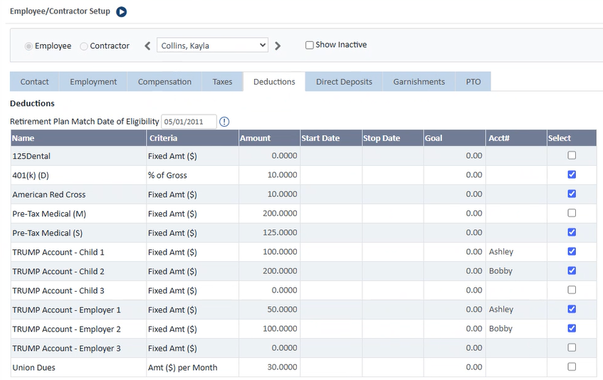 Employee/Contractor Setup Deductions tab showing Trump Account deductions assigned to an employee