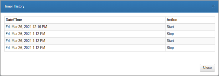 Timer History window listing timer activity.