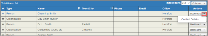 Search results grid with Actions list highlighted.