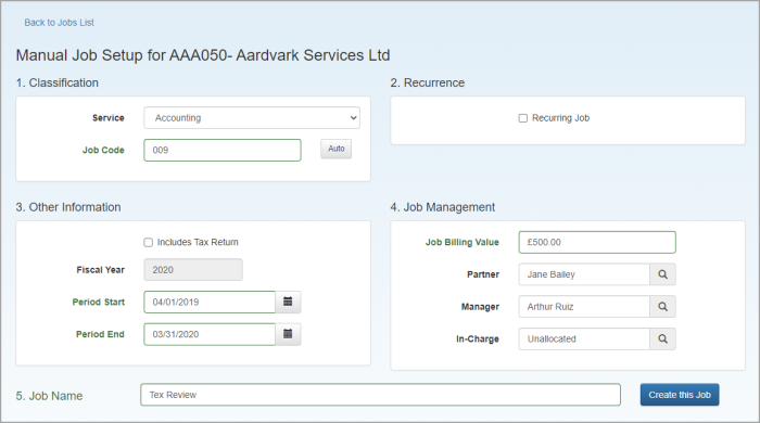 Manual job setup page populated with default entries.