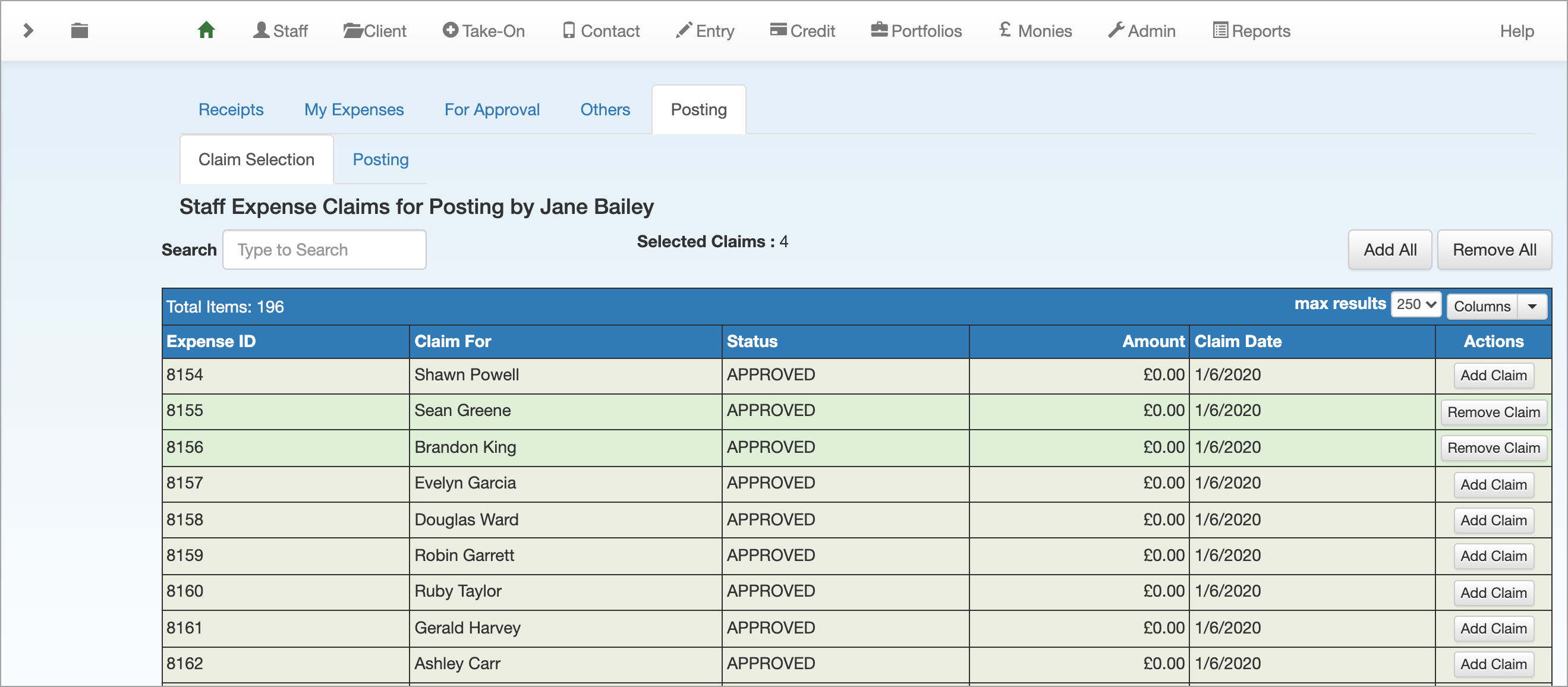 Post expenses - Claim Selection tab