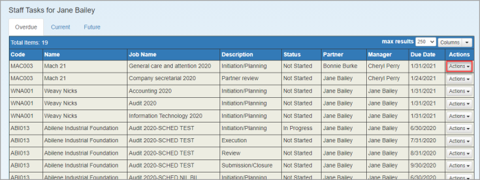 Staff Tasks list with Actions option highlighted.