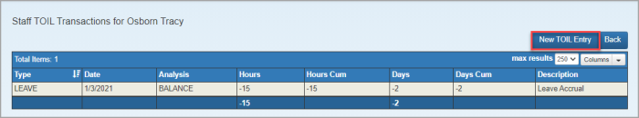 Staff TOIL Transactions page with New TOIL Entry button highlighted.