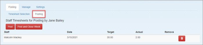 Timesheet Administration page showing timesheets ready to be posted that can be deleted.