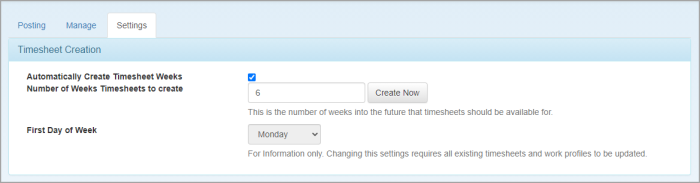 Timesheet Administration page showing Settings panel.