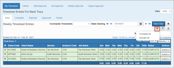 Timesheet Entries page with Cog icon highlighted.