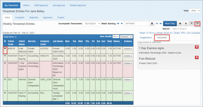 Timesheet Entries page - favourites icon and tab.