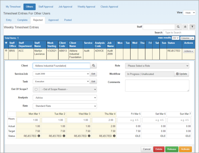 Timesheet Entries page view for others. Viewing rejected entries.