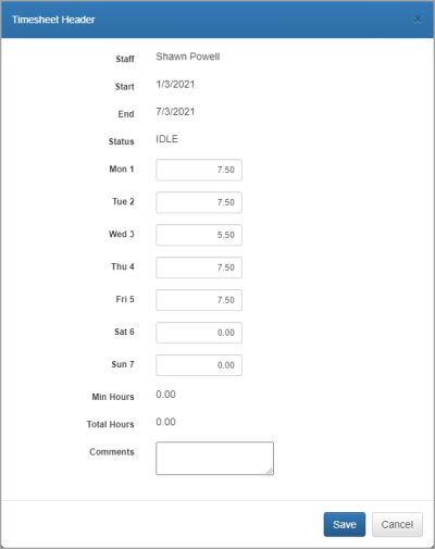 Timesheet Header window ready to enter hours.