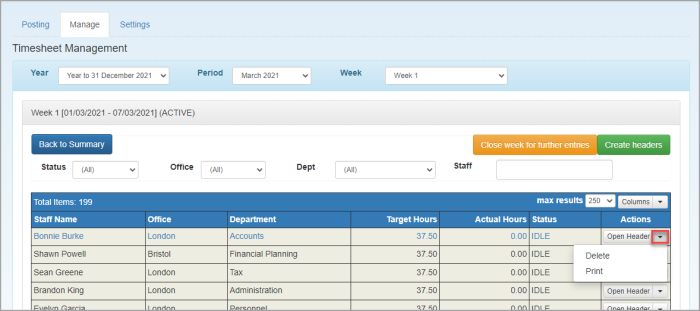 Timesheet Management page showing option to delete headers.