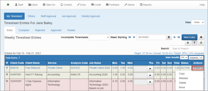 Timesheet Entries page showing Move menu.