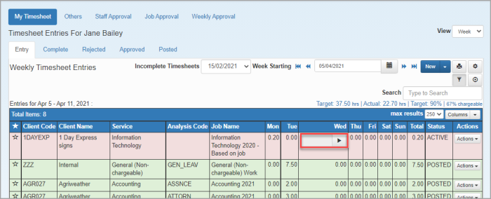 Timesheet Entry page with timer highlighted.