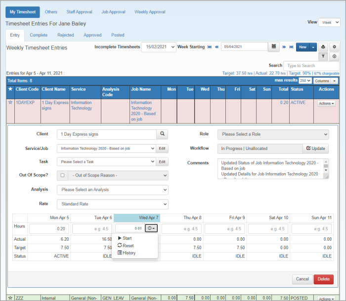 Timesheet Entry page showing timer history.