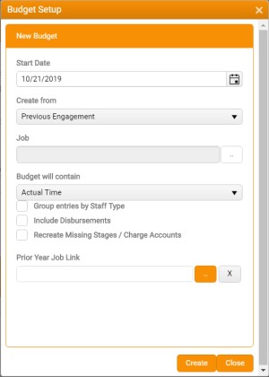 New budget setup with Create From : previous engagement selected