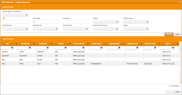 Staff Selector window for Budget Approver.