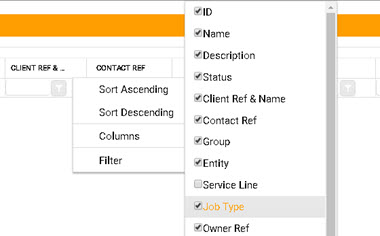 Column selection dropdown, showing various checkboxes