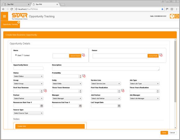 Create New Business Opportunity screen showing opportunity details fields