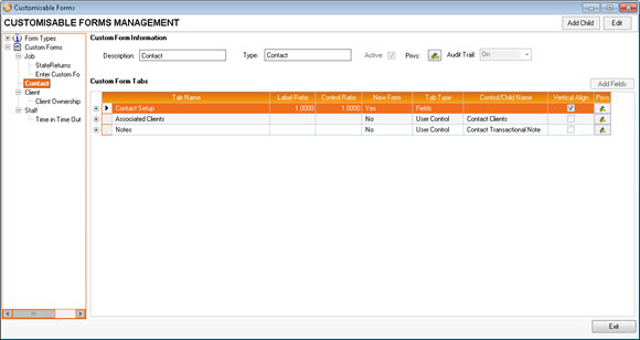 Customisable Forms Management window contact tab