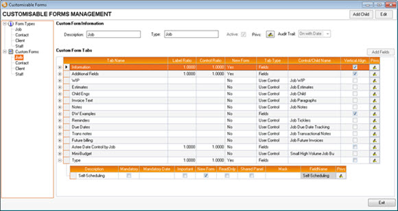 Customisable forms window with self scheduling sub row