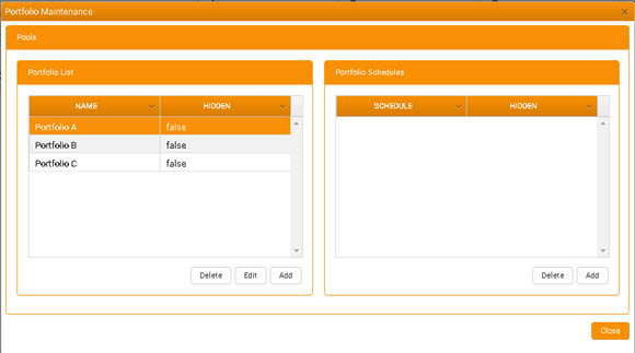 Portfolio maintenance window showing pool list and pool staff