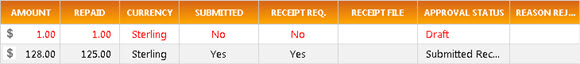 Table showing expense details and approval status.