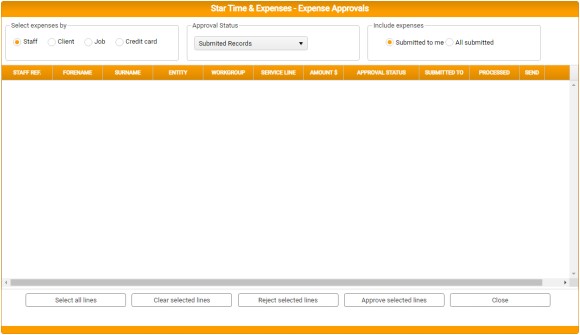 Expense approvals with selection options of staff, client, or engagement, approval status dropdown, and options of expenses submitted to me and all submitted.