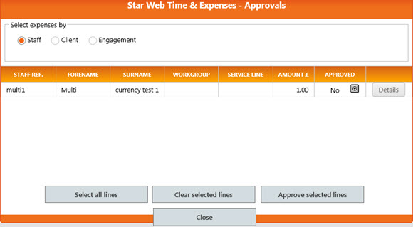 Expense approvals with selection options of staff, client, or engagement