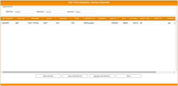 Expense approvals window for selected staff member