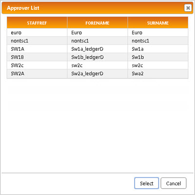 Approver list window showing table with a list of approver's references and names.