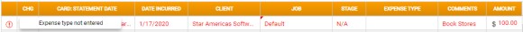 Close up view of a line in the Unapproved Credit Card Expenses table, showing a status tooltip displaying a message of 'Expense type not entered'.