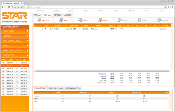Time and expenses homepage with expanded sidebar navigation