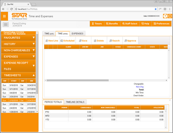 Time and expenses homepage with expanded sidebar navigation
