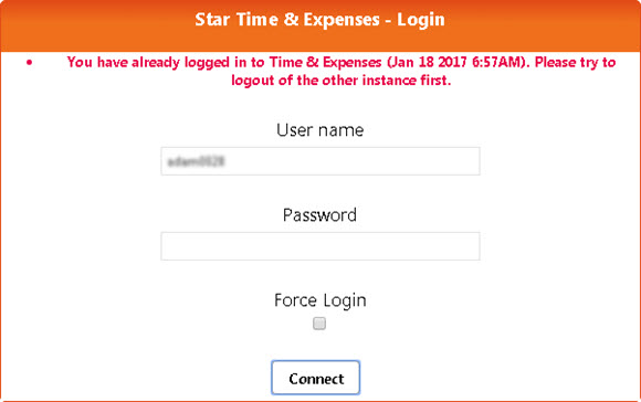 Login window with 'already logged in' error message and force login option