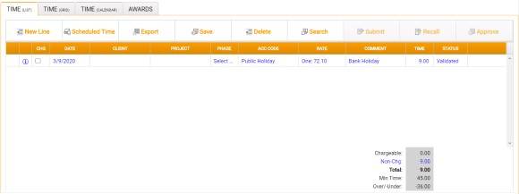 Timesheet with public holiday line