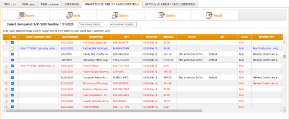 Unapproved Credit Card Expenses tab.