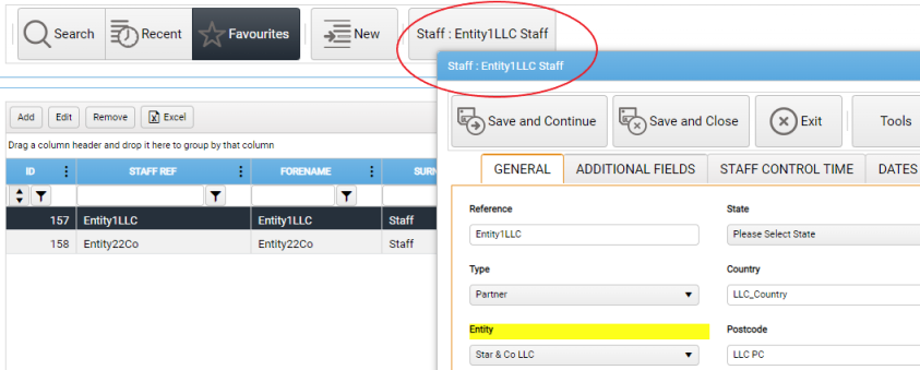 Module toolbar showing quick access tab to open records and the open record window.